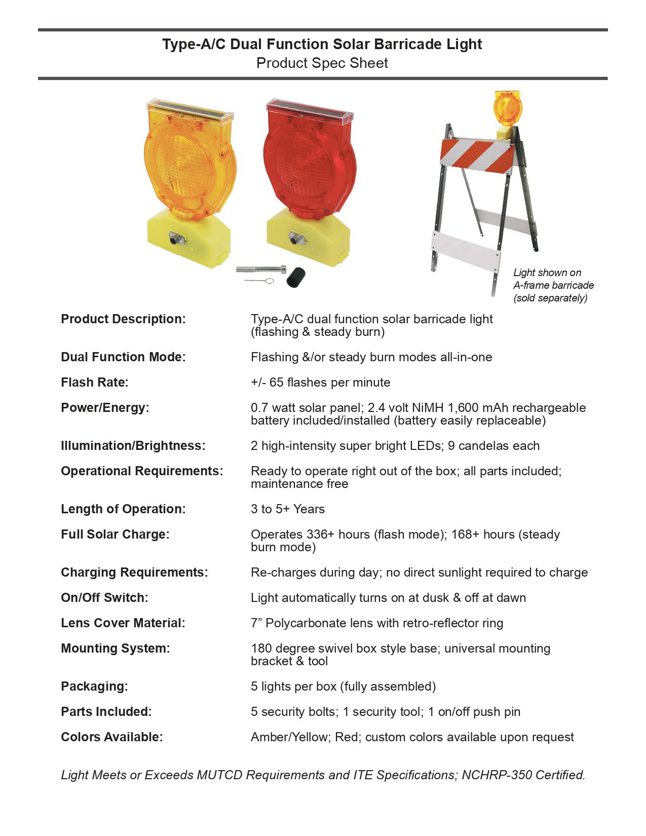 Solar Masters Generic Spec Sheet - Solar Barricade Light